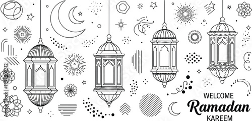 Ramadan kareem vector greeting banner with traditional lanterns crescent moon and islamic ornaments