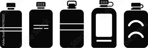 Water bottle silhouettes set with different designs of plastic containers for hydration and sports