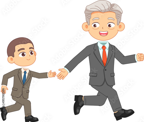 Cartoon businessmen running and reaching out to each other in a friendly gesture