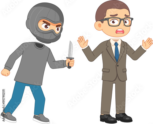 Cartoon robber in ski mask threatening businessman with a knife
