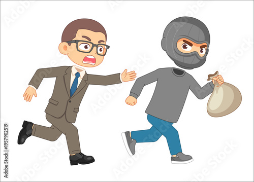Businessman chasing a thief carrying a sack of money, cartoon style
