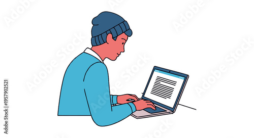 Young man in beanie typing on laptop computer illustration