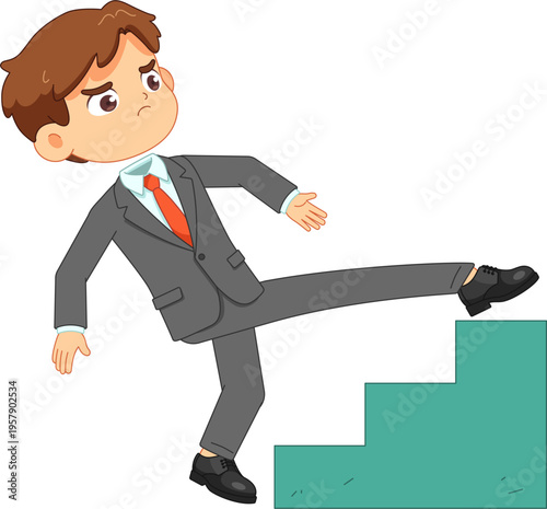 Cartoon businessman losing balance while stepping on stairs, looking worried