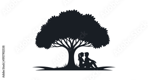 Young couple sitting under a big tree silhouette design