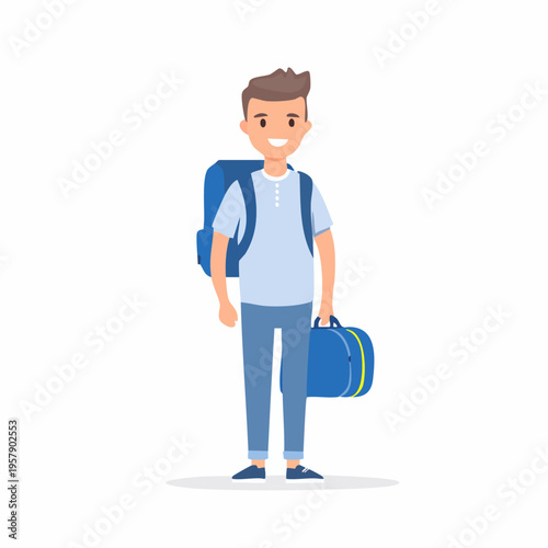 Young man standing with backpack and duffel bag ready to travel