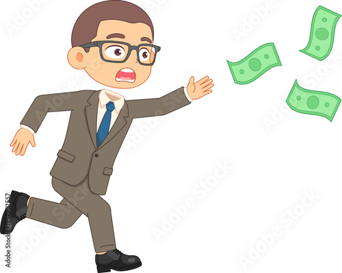 Man in suit chasing flying money, concept of financial loss or missed opportunity