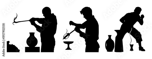Glassblower silhouette set with solid black outline and blowpipe shaping molten glass featuring glassblowing, artisan work, molten glass with fire and furnace