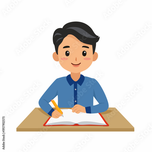 Young boy writing in a notebook at school desk