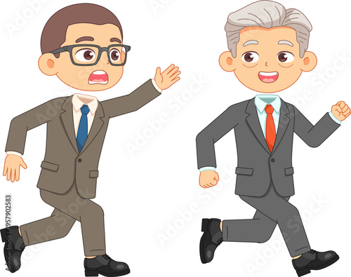 Two businessmen in suits running, one looking scared and the other happy