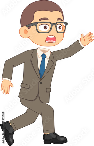 Cartoon businessman in a suit running with a shocked expression and open mouth