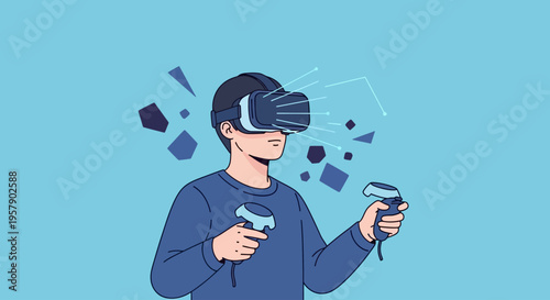 Young man using VR headset and controllers for immersive experience