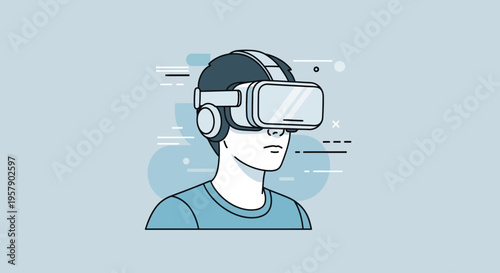 Young man wearing virtual reality headset exploring digital world