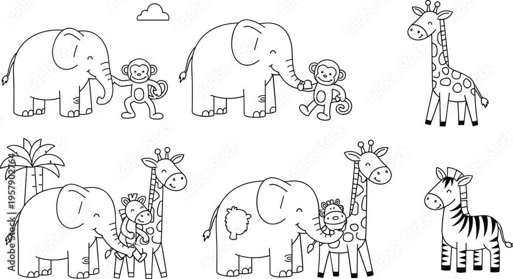 Fototapeta premium Cute safari animals line art set with elephant monkey giraffe zebra cartoon vector illustration collection