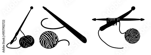 Knitting needles set with solid black silhouette of knitting needles and yarn ball featuring silhouette, black line art, yarn with needles and hobby