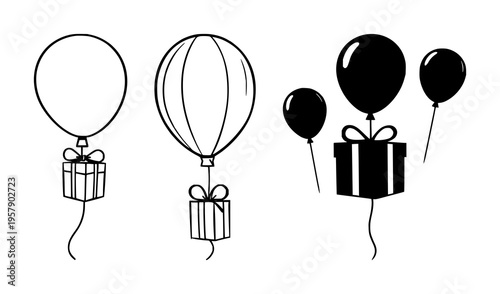 Balloon set with continuous line illustration of a helium balloon silhouette featuring holiday festivities, gift presentation, birthday party decor with single stroke drawing and vector design