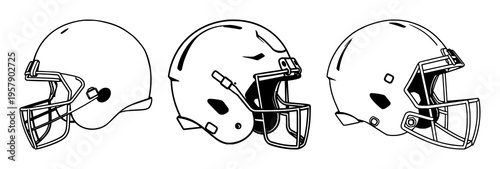American football helmet set with minimalist black and white line art illustration featuring football, helmet, sport with outline and flat decal