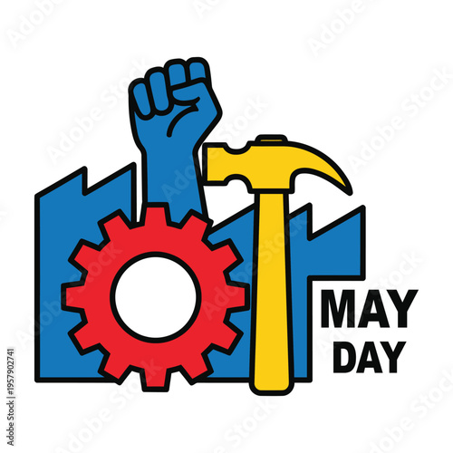 May day with blue fist red gear yellow hammer and factory silhouette