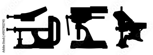 Blacksmith leg vise set with solid black silhouette design featuring industrial tool, metal crafting, blacksmithing with white background and sharp edges