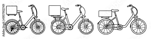 Electric cargo bike set with minimalist pictogram design featuring green logistics symbol, electric, bike with bold black strokes and white background