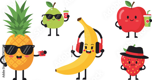 Cute fruit characters set with pineapple apple banana strawberry cartoon mascots fun vector illustration collection