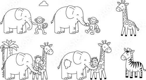 Cute safari animals line art set with elephant monkey giraffe zebra cartoon vector illustration collection
