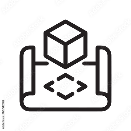 Icon on Engineering, 3D modeling and Visualization. Such Line Sign as Geometric 3D Object plan-drawing. Vector Icon for Web and App in Outline Editable Stroke.