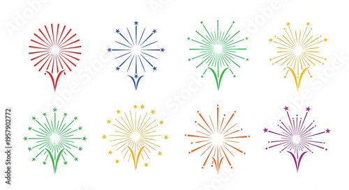 Colorful fireworks display with radial bursts in varying shades and patterns
