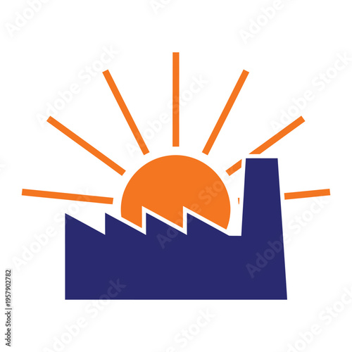 Orange sun rising behind a dark blue factory silhouette international workers day