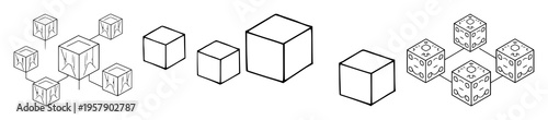 Blockchain data cubes set with abstract line art design featuring secure ledger, geometric shapes, cryptocurrency with network and technology