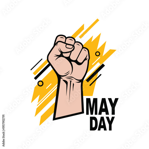 Raised fist with yellow geometric shapes and may day text international workers day