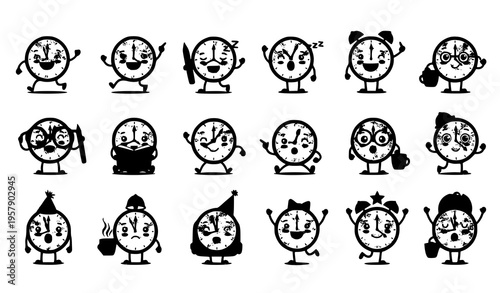 Funny cartoon clock mascots vector collection with cute time characters and playful poses