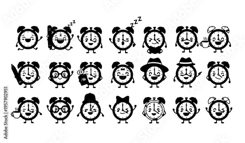 Cute cartoon clock character vector set with funny alarm clock mascots and playful expressions