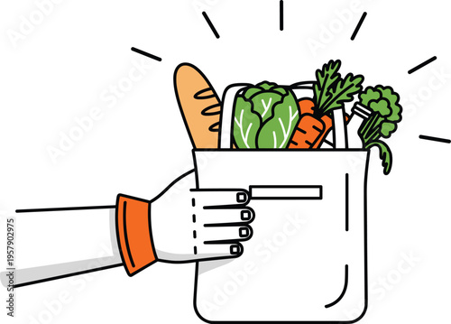 Grocery shopping bag full of healthy fresh vegetables and bread held by hand in flat cartoon style