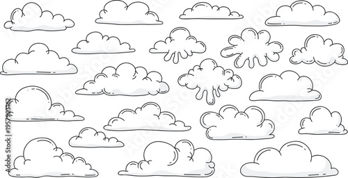 Set of hand drawn clouds in doodle style vector illustration for weather forecast and sky background