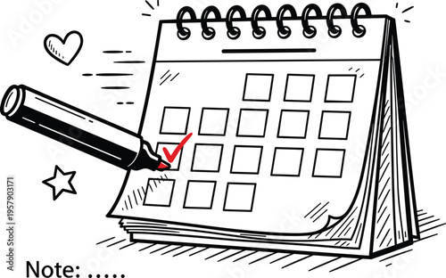 Desk calendar with check mark and pen vector illustration for scheduling and planning organization