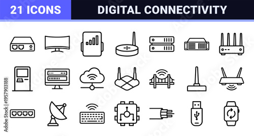 Professional Network Hardware and Digital Connectivity Minimalist Geometric Line Art Symbols for Enterprise IT Infrastructure Design