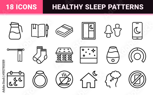 Minimalist Sleep Hygiene and Circadian Rhythm Outline Symbols for Mobile Interface Design and Wellness Apps Line Art