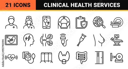 Medical Diagnostic Technology and Clinical Healthcare Services Minimalist Monoline Geometric Outline Vector Icon Set for Modern Interface Design