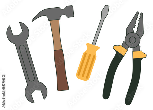 cartoon set of locksmith tools, wrench hammer screwdriver and pliers, vector devices isolated on white background, grey green yellow and brown colors, repair equipment illustration, workshop elements