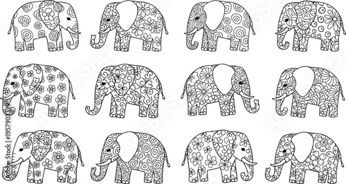 Decorative elephant patterns set with floral mandala ornaments line art animal vector illustration collection
