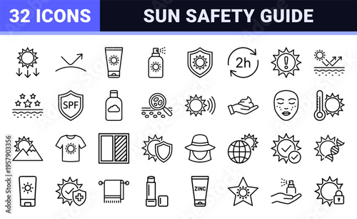 Sun Protection and Dermatology Minimalist Monoline Icons for Skincare Branding, UV Safety, and Professional Sunscreen Packaging Design.