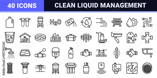 Pure Water Treatment and Filtration System Minimalist Monoline Icon Set for Industrial Sanitation and Laboratory Hydration Engineering