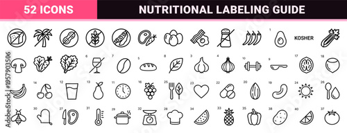 Dietary Requirement Monoline Outline Icons featuring Food Allergens and Nutritional Preferences in Minimalist Geometric Style for Packaging