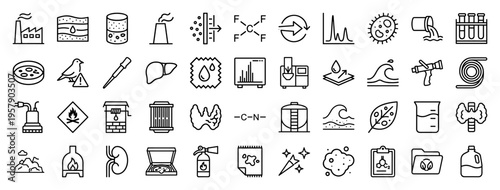 PFAS Chemical Contamination and Molecular Science Icons, Minimalist Monoline Geometric Line Art for Environmental Impact and Research