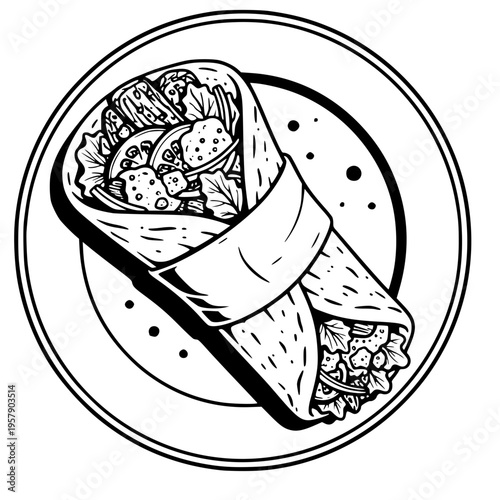 Minimalist vector line art of a delicious burrito or tortilla wrap on a plate. This high-contrast black ink design features fresh ingredients like salad and meat for food-themed graphics.