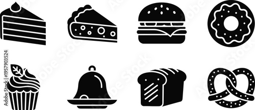 Collection of bakery and fast food icons including cake burger donut pretzel and bread silhouettes