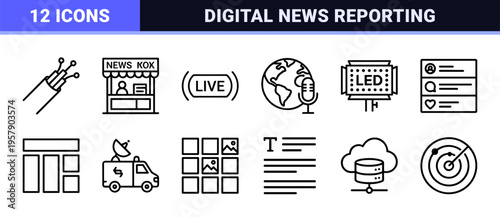 Mass Media and Journalism Monoline Icons featuring Communication Technology, Broadcasting, and News Reporting in Minimalist Geometric Style
