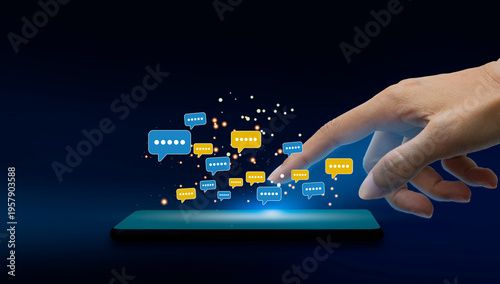 Hand touch mobile phone screen with icon message box, chat Artificial Intelligence Background
