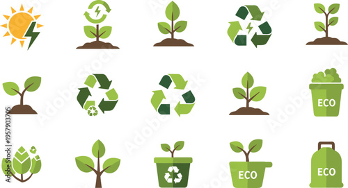 Eco sustainability icons set with recycle symbols plants renewable energy green environment vector illustration collection