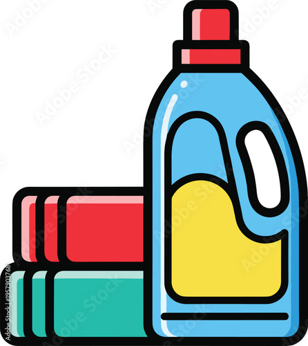 Bottle of laundry detergent with stacked clean folded clothes on transparent background